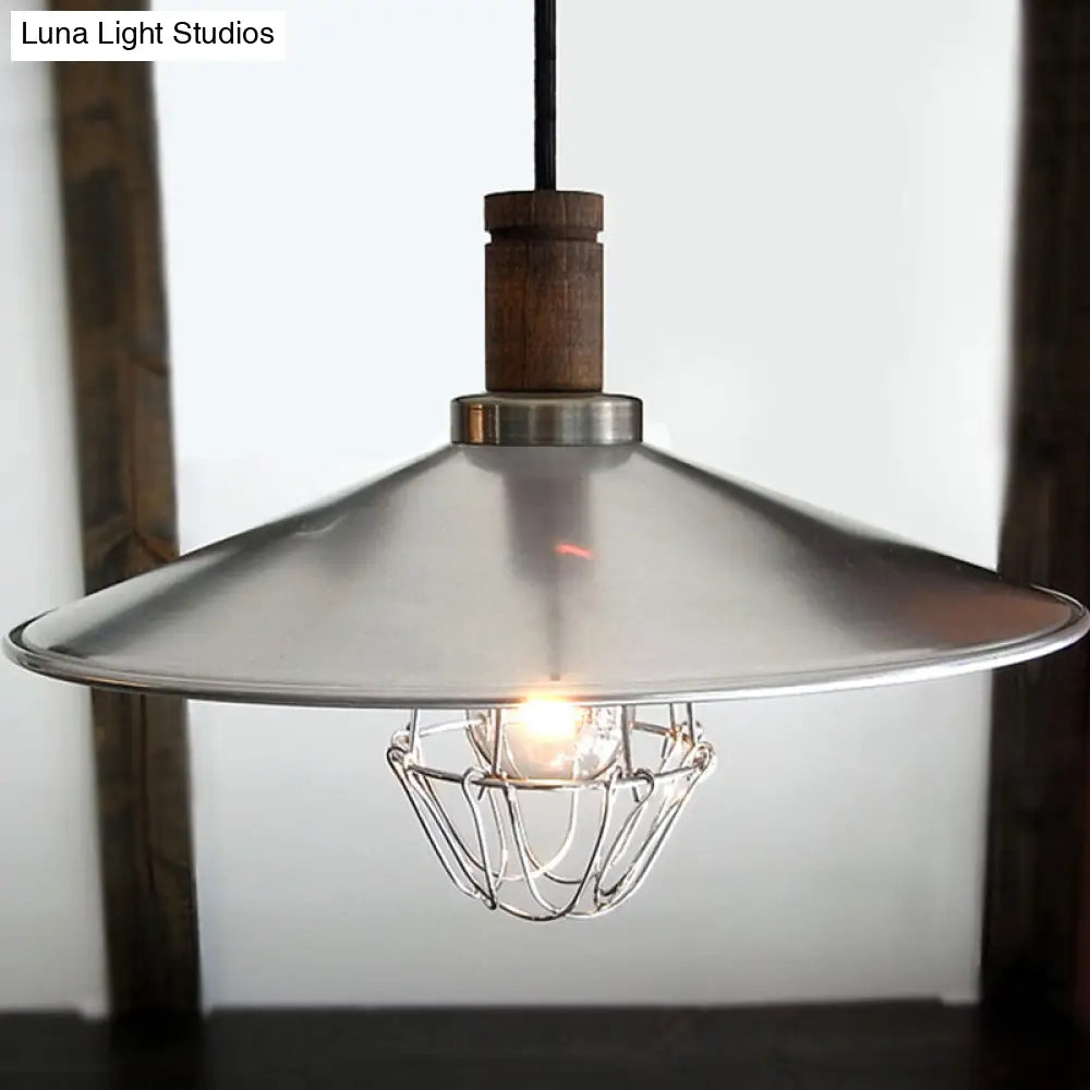 If you're looking to improve the product title for better SEO, consider the following: 

"Modern Aluminum Pendant Light: Silver Flying Saucer Design, 1-Light Farmhouse Ceiling Lamp with Wire Cage and Wood Cork