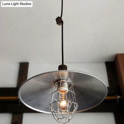 If you're looking to improve the product title for better SEO, consider the following: 

"Modern Aluminum Pendant Light: Silver Flying Saucer Design, 1-Light Farmhouse Ceiling Lamp with Wire Cage and Wood Cork