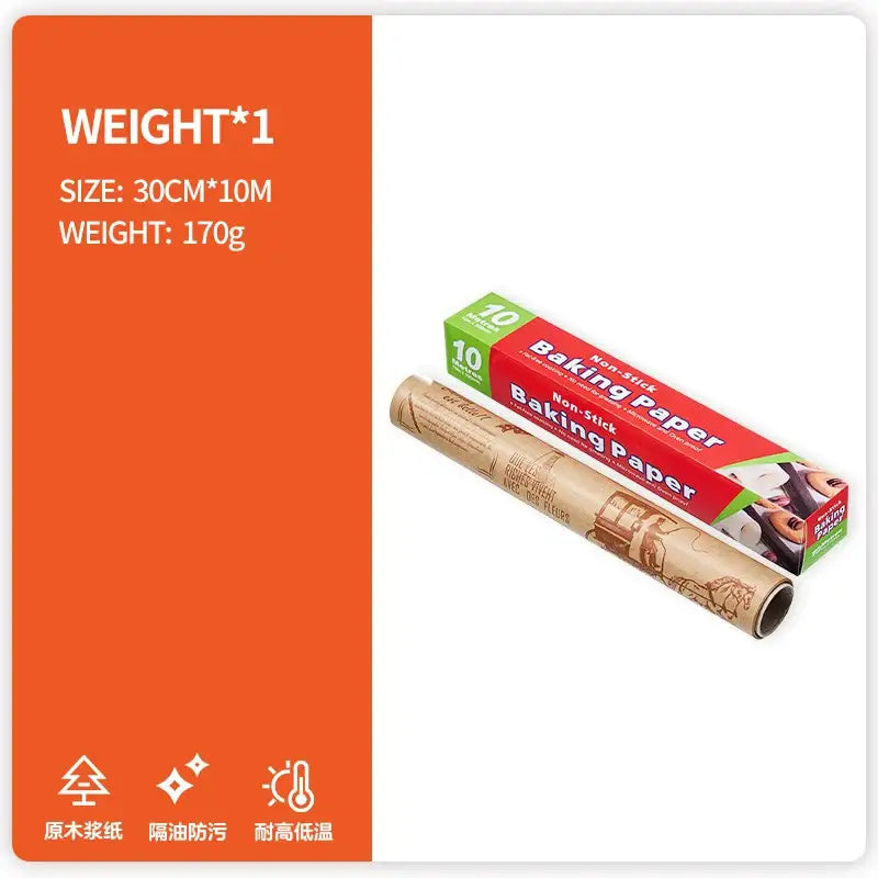 A roll of vintage-style illustrated grease-resistant baking paper in red and green packaging for kitchen food wrapping