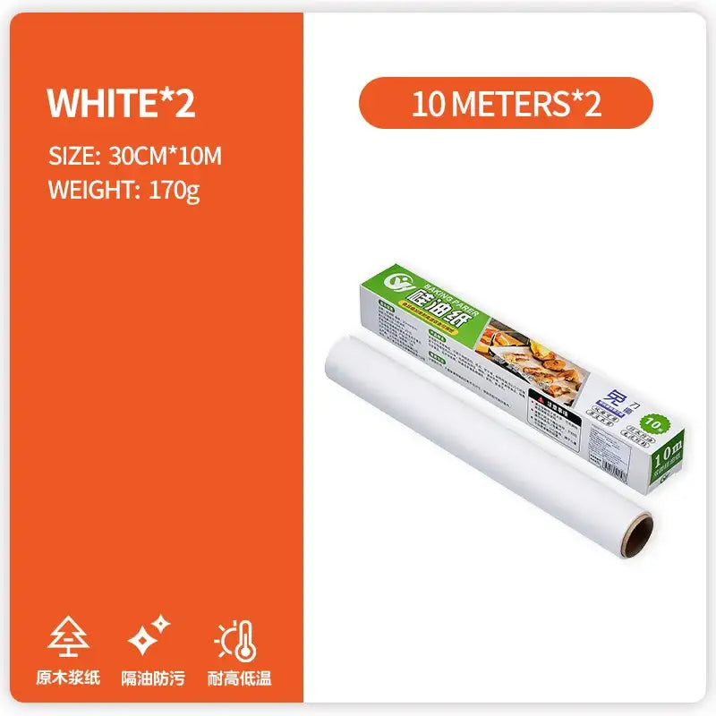 White grease-resistant baking paper 10 meters per roll in a green and white box for kitchen food wrapping