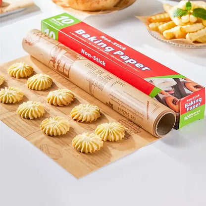 A roll of brown grease-resistant baking paper with a red and green 10 metres box for kitchen food wrapping