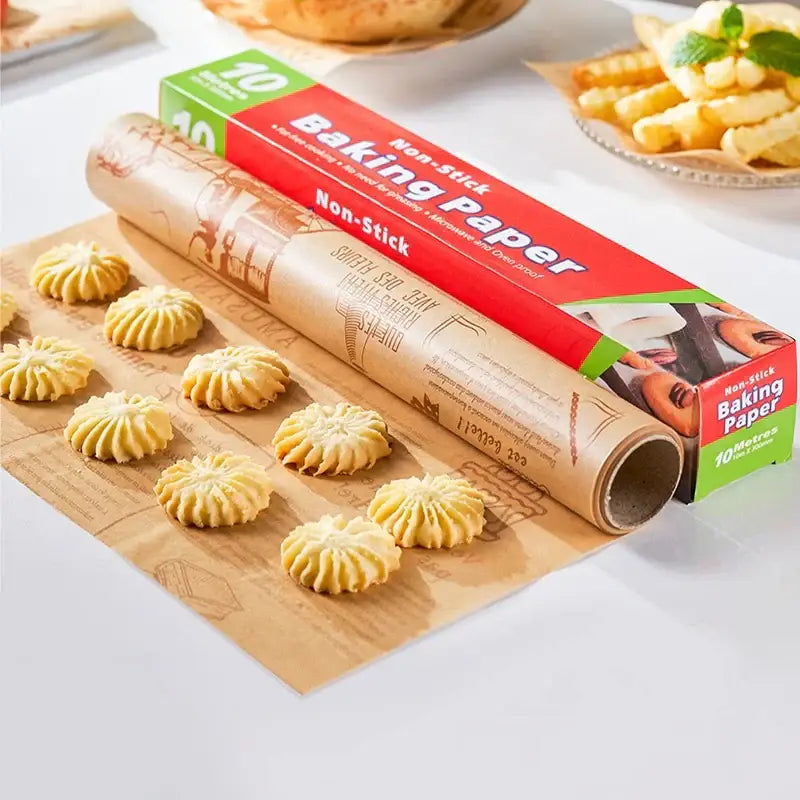 A roll of brown grease-resistant baking paper with a red and green 10 metres box for kitchen food wrapping