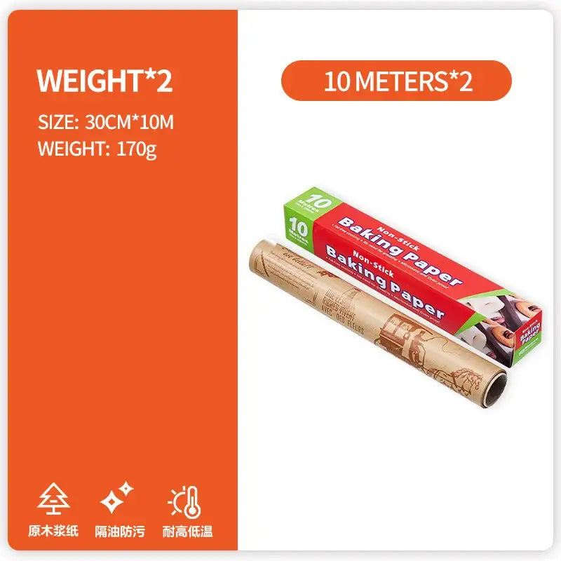 Illustrated red and green packaged grease-resistant baking paper rolls with vintage newspaper print for kitchen food wrapping