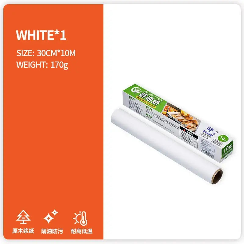 A roll of white grease-resistant baking paper 30cm by 10m weighing 170g for kitchen food wrapping