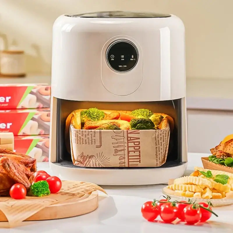 White air fryer with digital control panel and transparent lid featuring a basket lined with grease-resistant baking paper