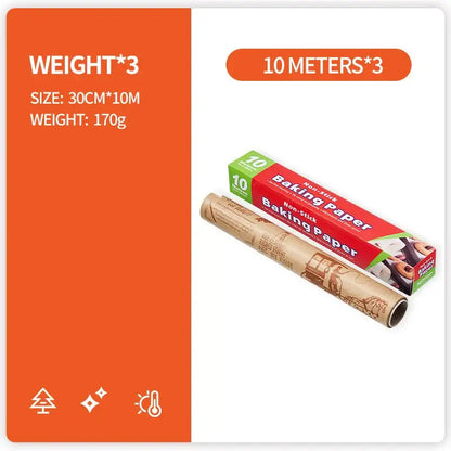 Illustrated red and green packaged grease-resistant baking paper rolls with vintage-style illustrations for kitchen food wrapping
