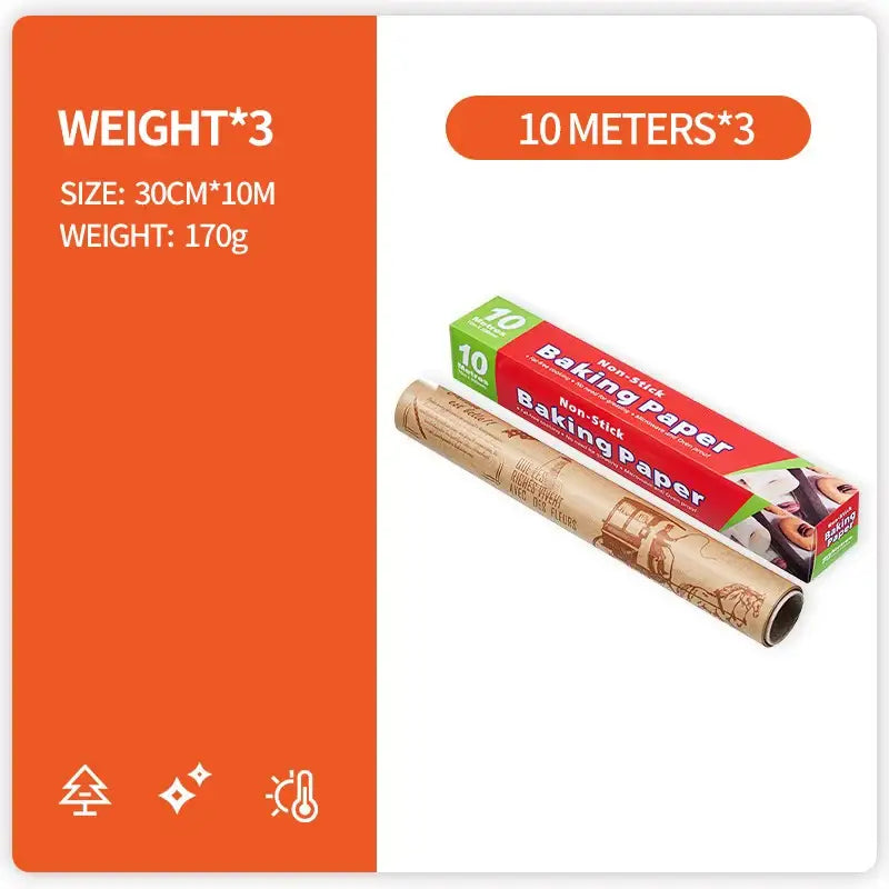 Illustrated red and green packaged grease-resistant baking paper rolls with vintage-style illustrations for kitchen food wrapping