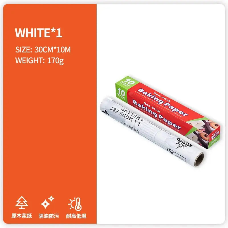 Illustrated white grease-resistant baking paper roll in red and green box with 10 sheets for kitchen food wrapping