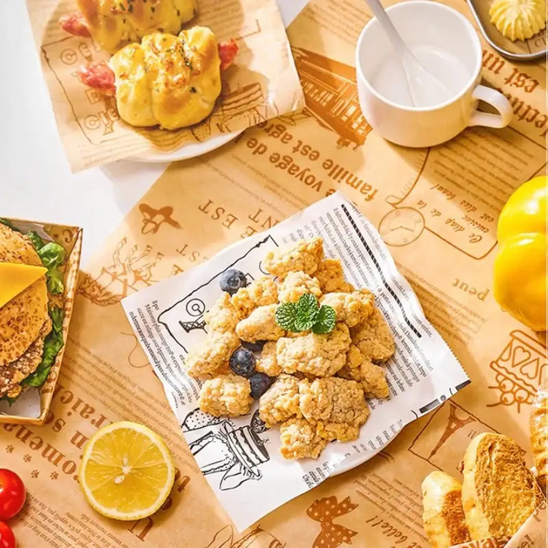 Golden crispy fried chicken served on white grease-resistant baking paper with black line art illustrations