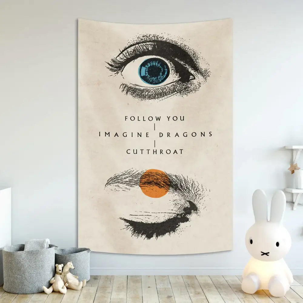 Beige imagine dragons band poster tapestry with stylized eye and orange circle design for white and red bedroom decor
