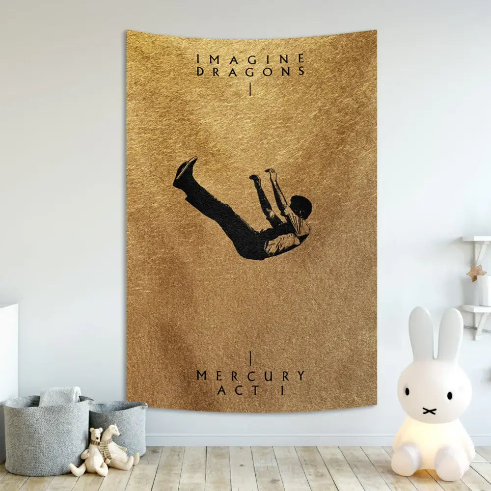 Gold-toned imagine dragons band poster tapestry with black silhouette and mercury act i text for bedroom wall decor