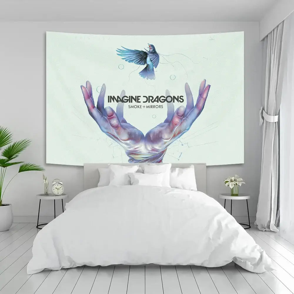Rectangular white fabric band poster tapestry featuring imagine dragons band with hands cradling blue bird design
