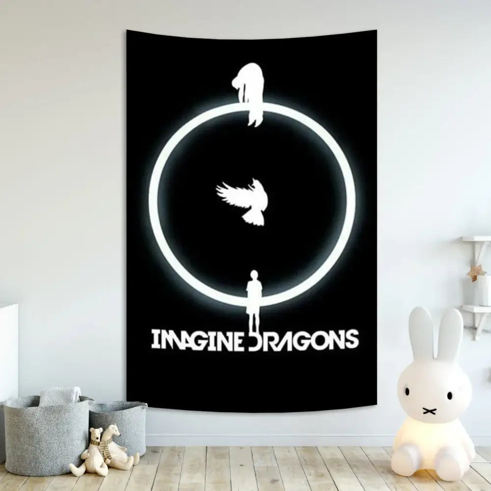 Imagine dragons band poster tapestry in black featuring white silhouettes and glowing circular design for bedroom decor