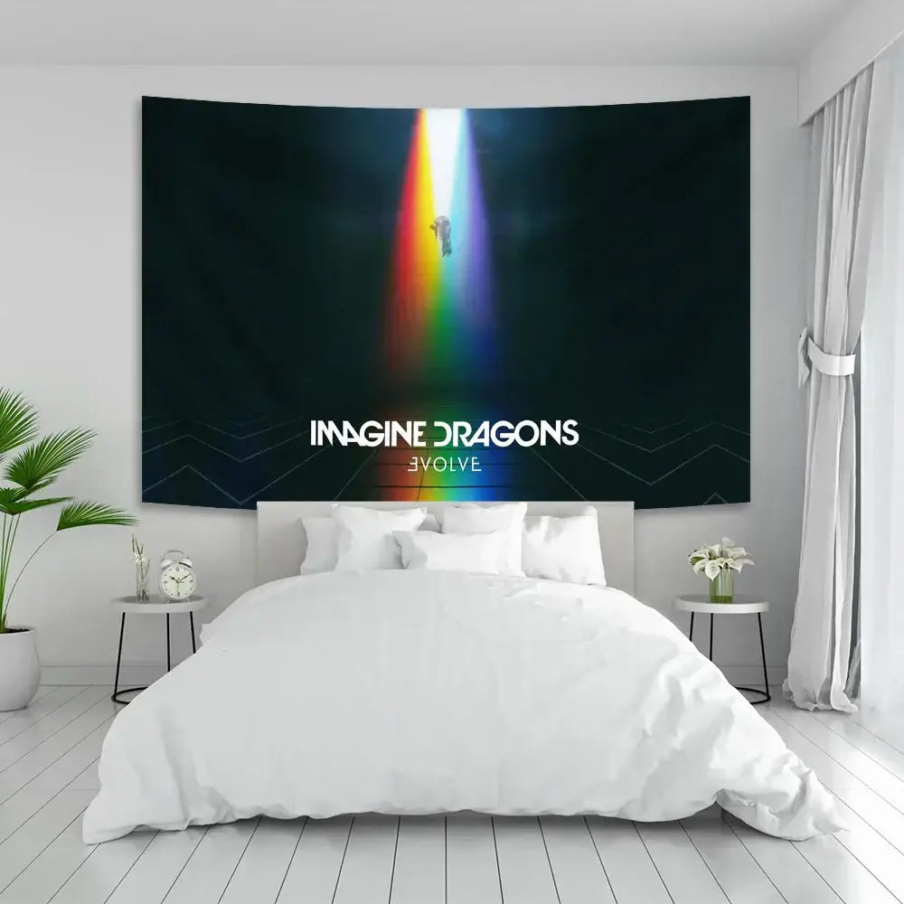 Black fabric band poster tapestry featuring imagine dragons band evolve album artwork with rainbow beam and white text