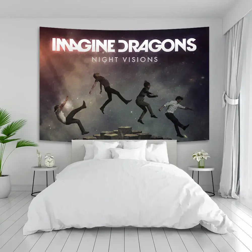 Imagine dragons band poster tapestry featuring black and white silhouettes on a cosmic backdrop for bedroom decor