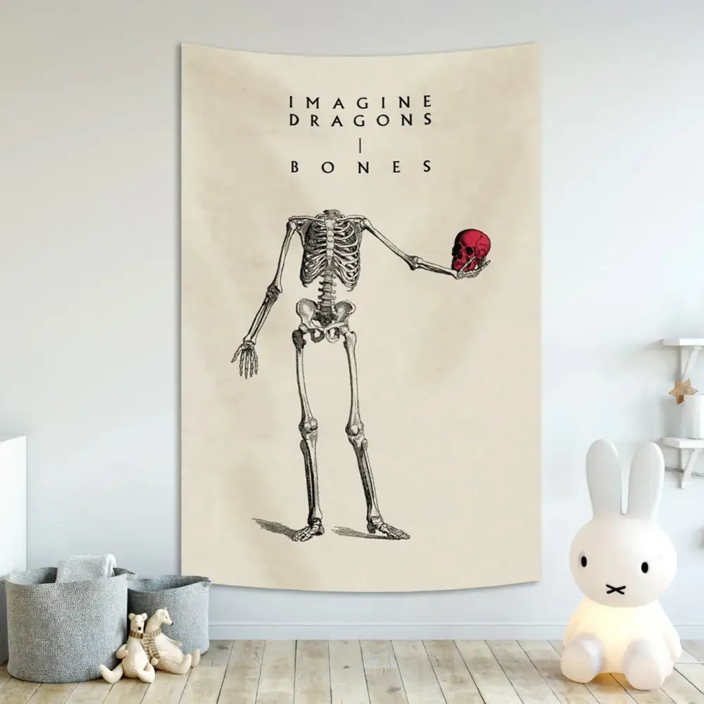 Beige imagine dragons band poster tapestry featuring black skeleton with red skull and imagine dragon bones text for bedroom decor