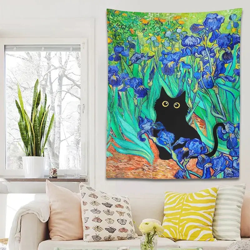 Vibrant decorbites irises cat tapestry featuring a black cat and blue irises in green and orange van gogh style for bedroom wall art
