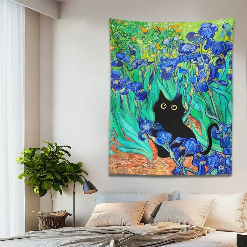 A vibrant impressionistic decorbites irises cat tapestry with a black cat and blue irises for bedroom wall art
