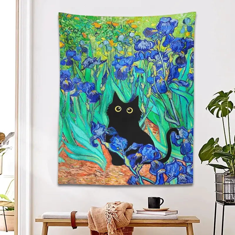Vibrant decorbites irises cat tapestry featuring a black cat with yellow eyes among blue irises for bedroom wall art
