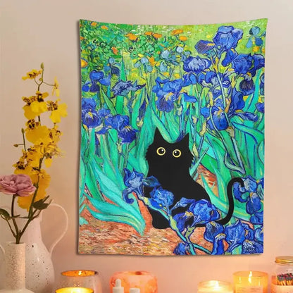 A vibrant decorbites irises cat tapestry featuring a black cat peeking through blue irises with bold brushstrokes for bedroom wall art