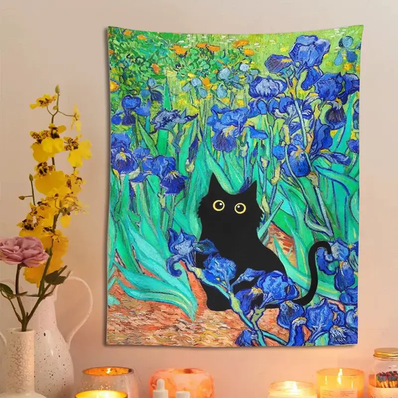 A vibrant decorbites irises cat tapestry featuring a black cat peeking through blue irises with bold brushstrokes for bedroom wall art
