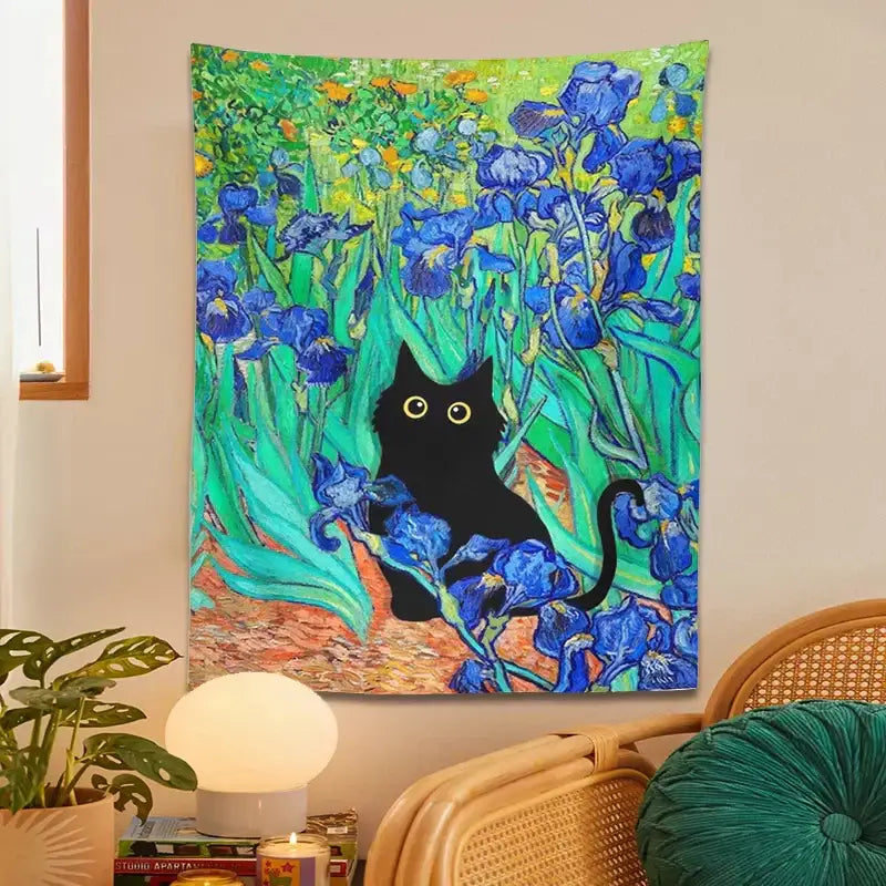 Impressionistic decorbites irises cat tapestry featuring a black cat and blue irises for bedroom wall art