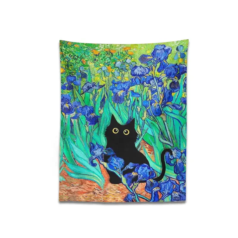 A black cat with yellow eyes sits among vibrant blue irises on a decorbites irises cat tapestry wall art
