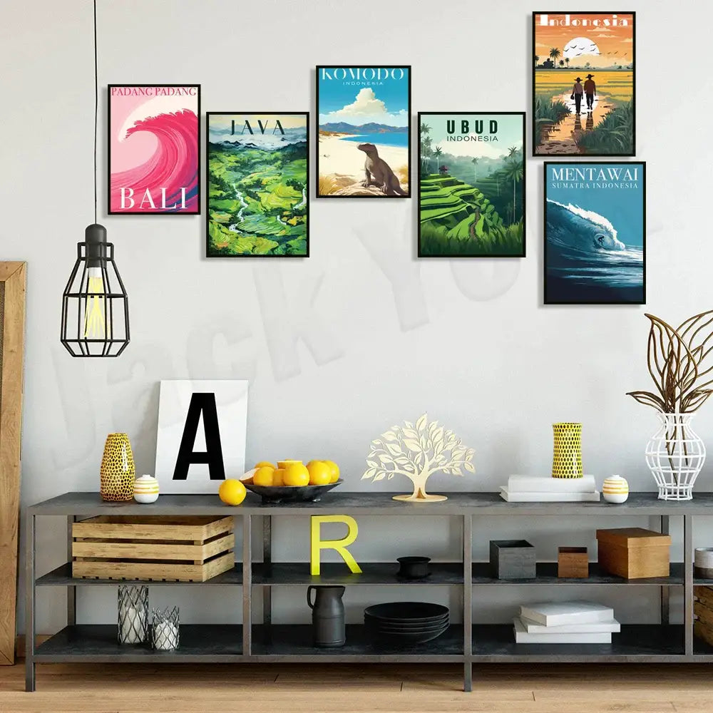 Set of six framed Indonesian travel canvas printings featuring vibrant rice field illustration and Pererenan Estuary scenes