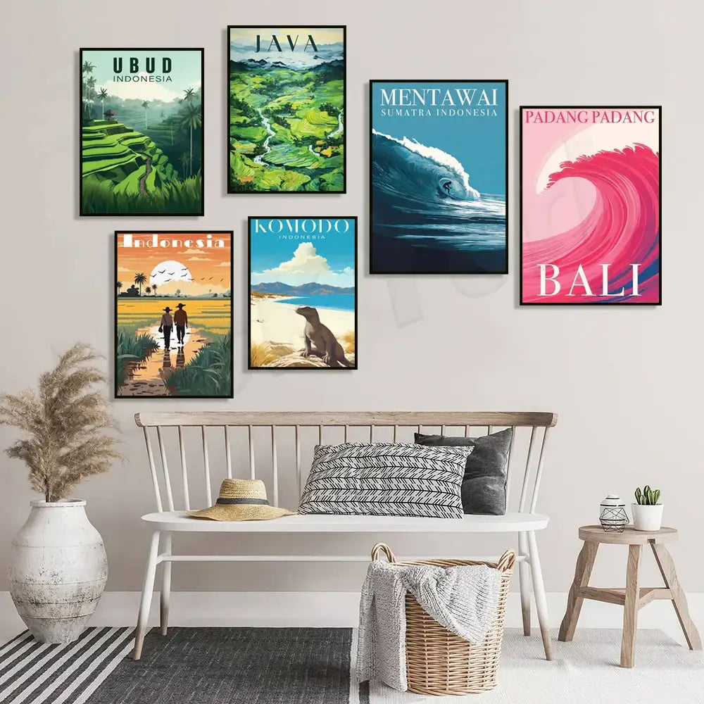 Set of six framed canvas printings featuring vibrant rice field illustration of indonesian destinations including pererenan estuary