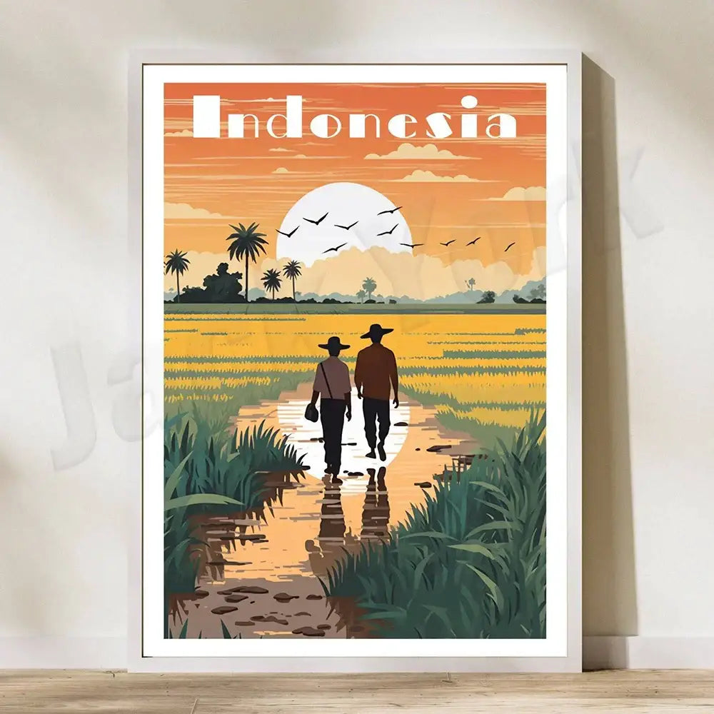A framed canvas printing of a stylized rice field illustration at pererenan estuary under an orange sunset