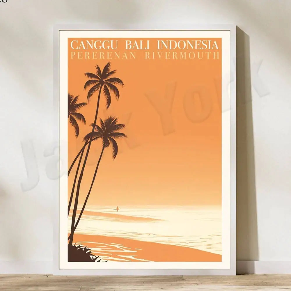 A framed canvas printing of a vintage rice field illustration featuring pererenan estuary and Bali beach scene
