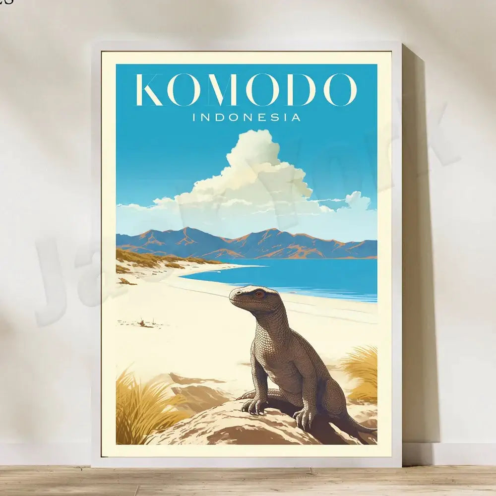 Framed vintage travel poster canvas printing featuring a komodo dragon on a rocky beach with blue sky for living room art