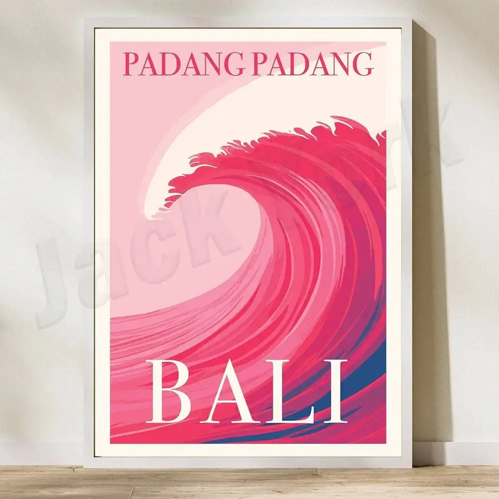 A framed canvas printing featuring vibrant pink and red waves with padang padang bali text and rice field illustration
