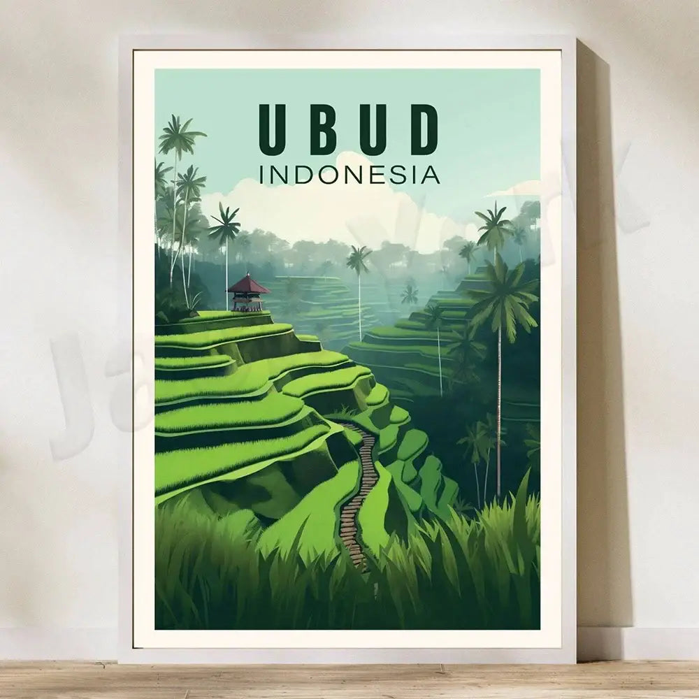 A framed canvas printing of lush green terraced rice field illustration at pererenan estuary in ubud indonesia for living room art