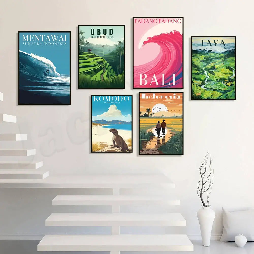 Set of six framed indonesian canvas printings featuring vibrant rice field illustration and pererenan estuary landscape art