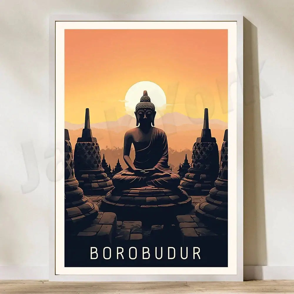 Framed canvas printing of a dark buddha statue with orange sunset and borobudur text in a rice field illustration set