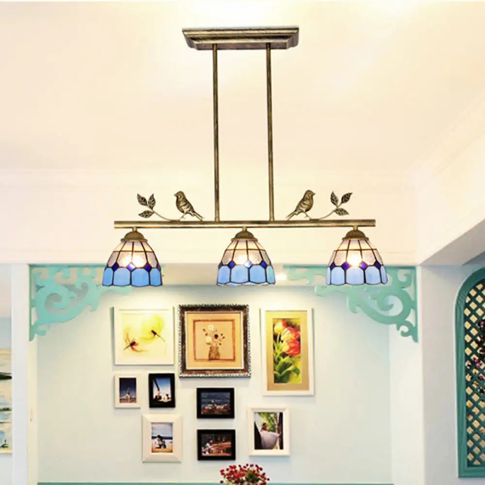 DecorBites™ Indoor Island Pendant Light - Tiffany Style Antique Brass/Black/Blue - Dome Stainless Glass Shade - Pack of 3 Bulbs