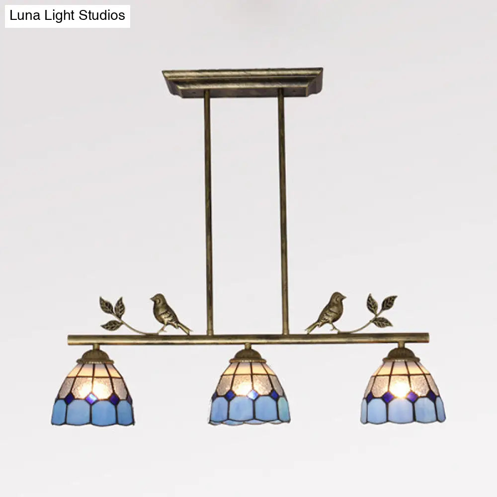 DecorBites™ Indoor Island Pendant Light - Tiffany Style Antique Brass/Black/Blue - Dome Stainless Glass Shade - Pack of 3 Bulbs