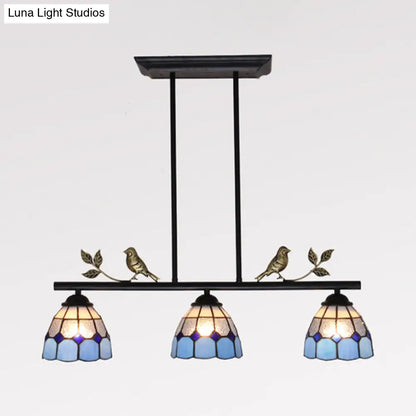 DecorBites™ Indoor Island Pendant Light - Tiffany Style Antique Brass/Black/Blue - Dome Stainless Glass Shade - Pack of 3 Bulbs