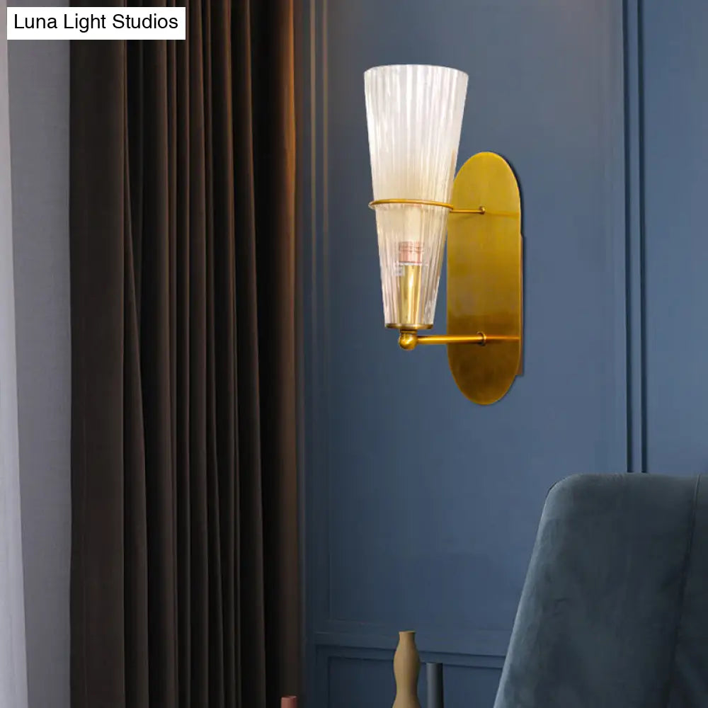 DecorBites™ Indoor Mid Century Modern Brass Cone Wall Sconce with Clear Ribbed Glass – Single Light