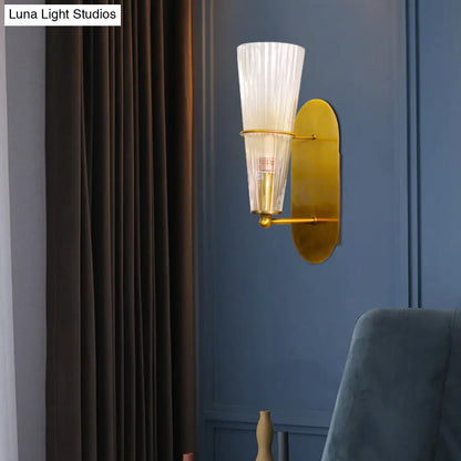 DecorBites™ Indoor Mid Century Modern Brass Cone Wall Sconce with Clear Ribbed Glass – Single Light