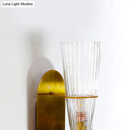 DecorBites™ Indoor Mid Century Modern Brass Cone Wall Sconce with Clear Ribbed Glass – Single Light