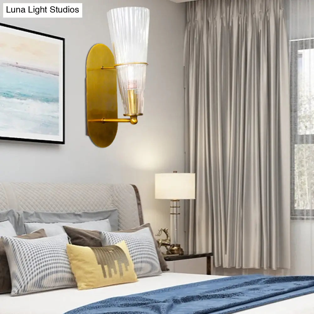 DecorBites™ Indoor Mid Century Modern Brass Cone Wall Sconce with Clear Ribbed Glass – Single Light