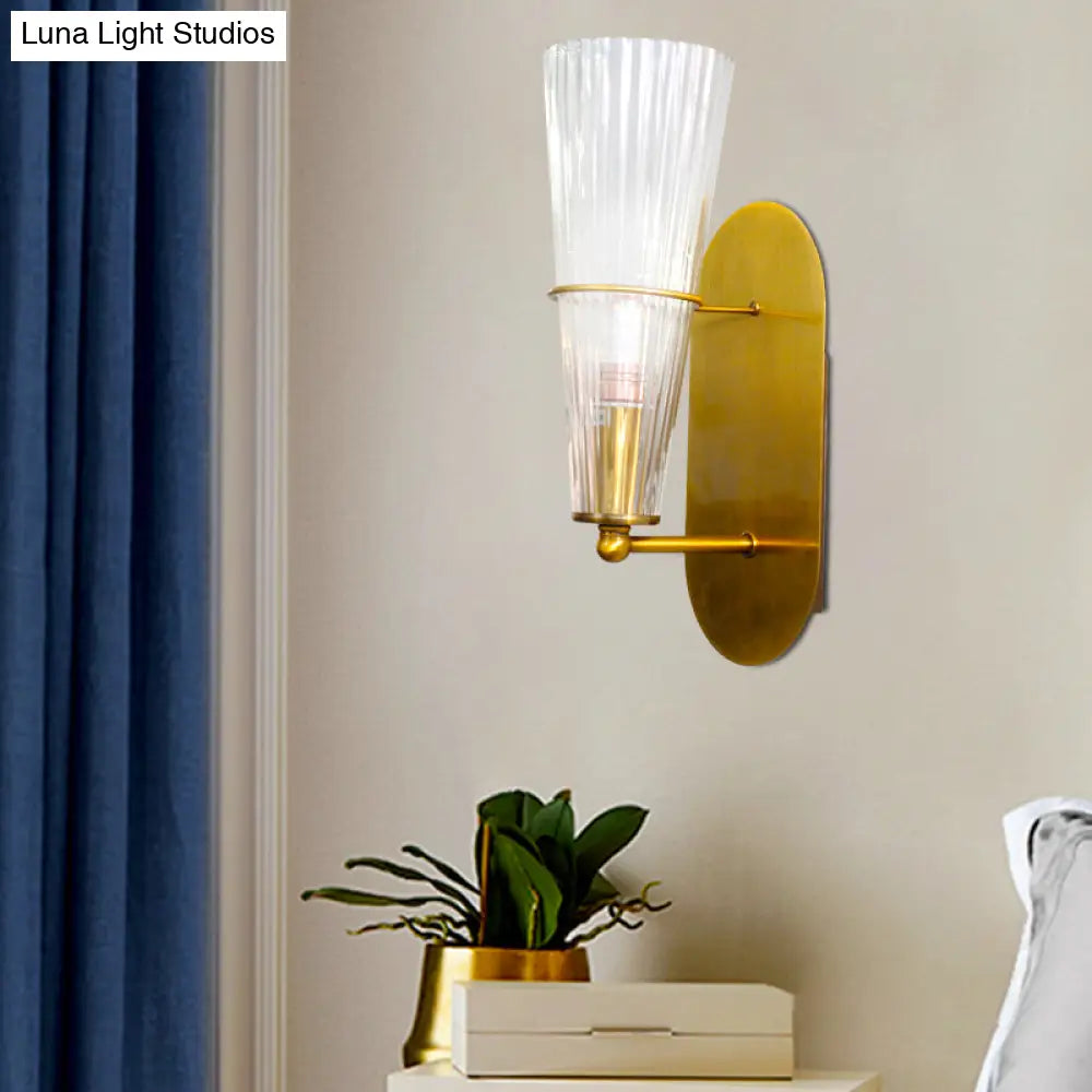 DecorBites™ Indoor Mid Century Modern Brass Cone Wall Sconce with Clear Ribbed Glass – Single Light