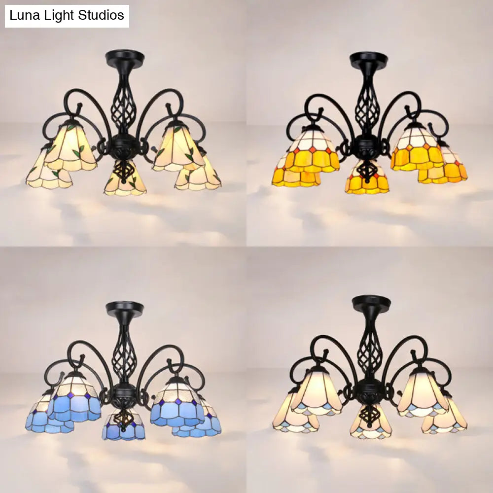 DecorBites™ DecorBites™ Indoor Stained Glass Semi Flush Mount Light - 5-Light Loft Tiffany Lighting in White/Beige/Yellow/Blue for Hallway