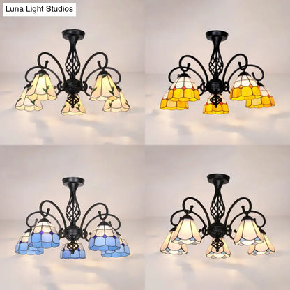 DecorBites™ DecorBites™ Indoor Stained Glass Semi Flush Mount Light - 5-Light Loft Tiffany Lighting in White/Beige/Yellow/Blue for Hallway