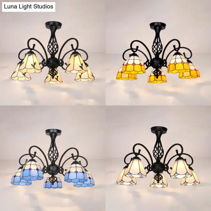DecorBites™ DecorBites™ Indoor Stained Glass Semi Flush Mount Light - 5-Light Loft Tiffany Lighting in White/Beige/Yellow/Blue for Hallway