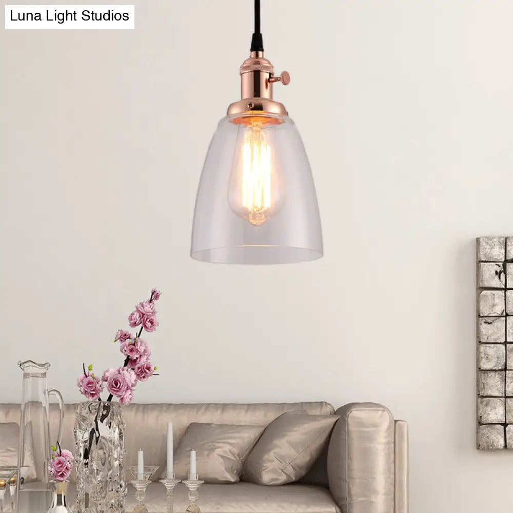 Industrial 1 Bulb Hanging Pendant Lamp with Clear Glass Bell Shade and Bronze/Brass/Copper Top for Living Room