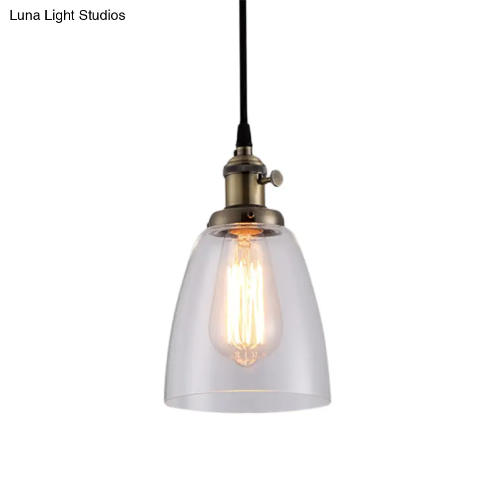 Industrial 1 Bulb Hanging Pendant Lamp with Clear Glass Bell Shade and Bronze/Brass/Copper Top for Living Room