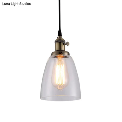 Industrial 1 Bulb Hanging Pendant Lamp with Clear Glass Bell Shade and Bronze/Brass/Copper Top for Living Room